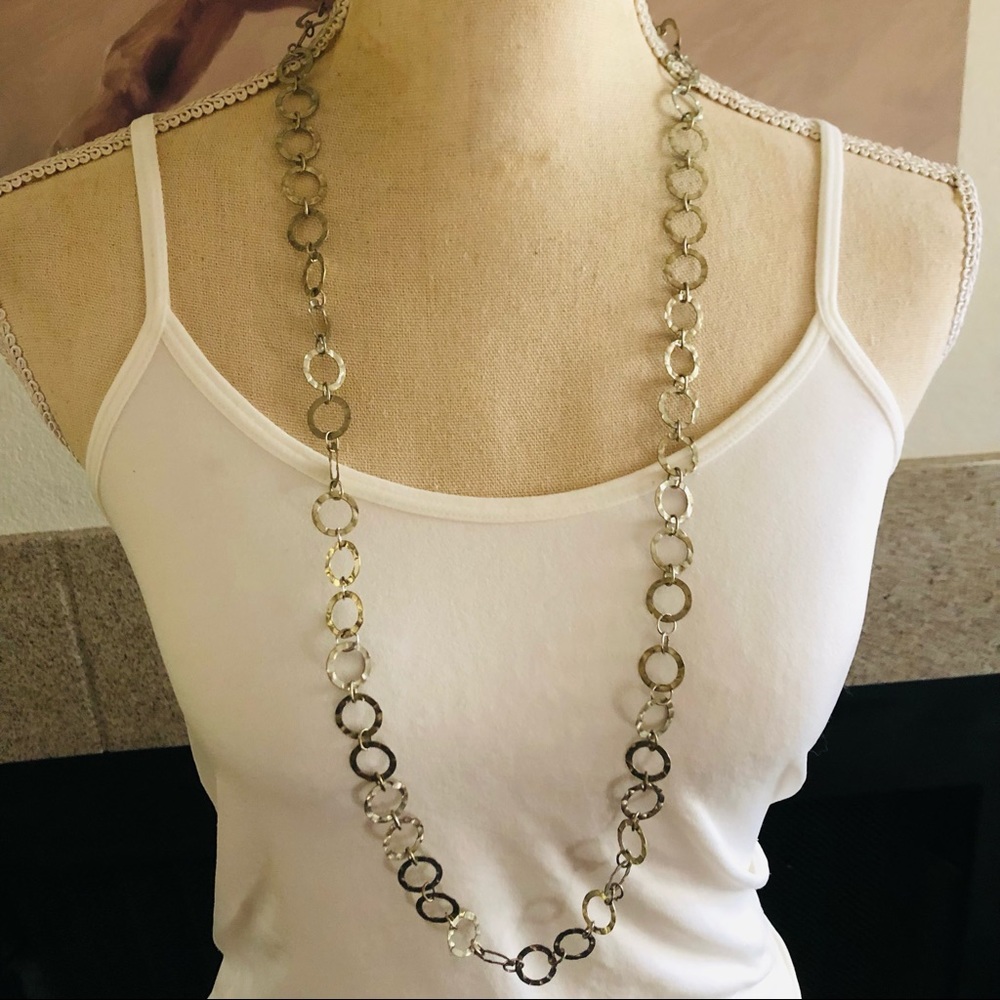 Antique silver tone hammered link chain long necklace